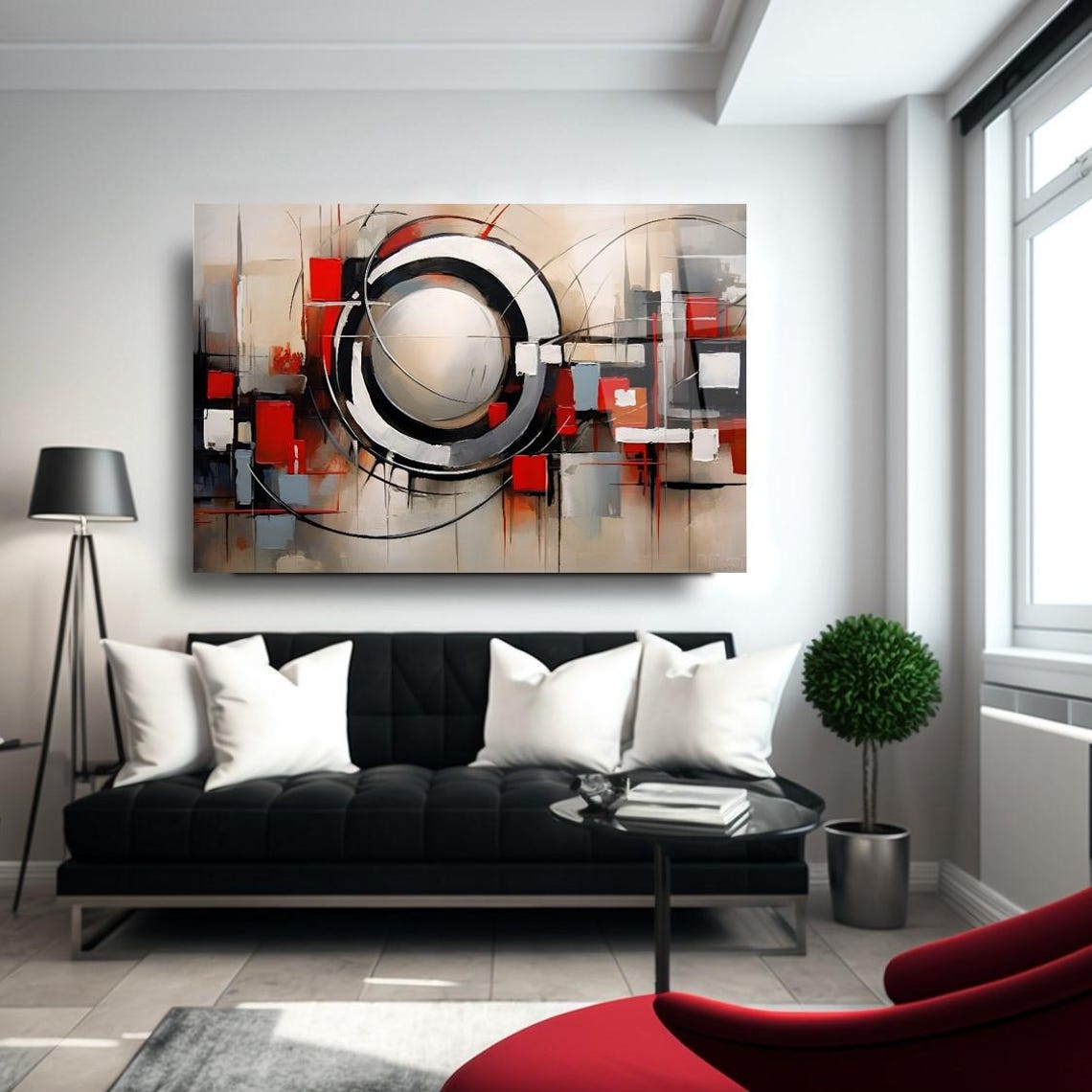 Geometric Circles Squares Red Black Beige Abstract Art Poster