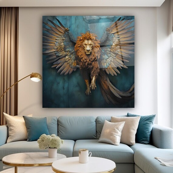 Regal Winged Lion Wall Art Tempered Glass Print Modern Animal Wall Decor Luxury Glass Wall Art For Home And Office