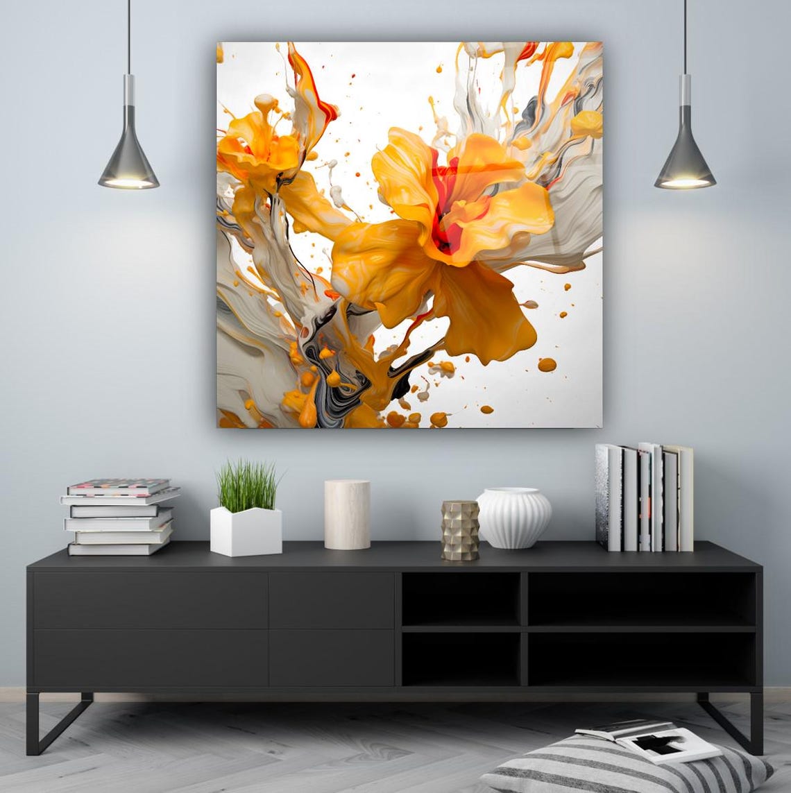 Golden Yellow Hibiscus Flower with Abstract Paint Splash Wall Art - Image 3
