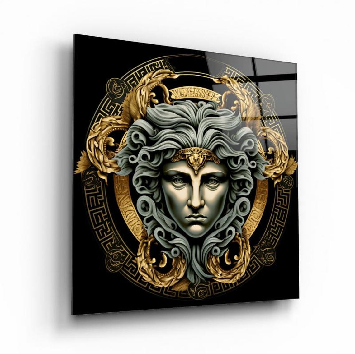 Mythical Medusa Portrait with Golden Ornaments on Black Wall Art - Image 2
