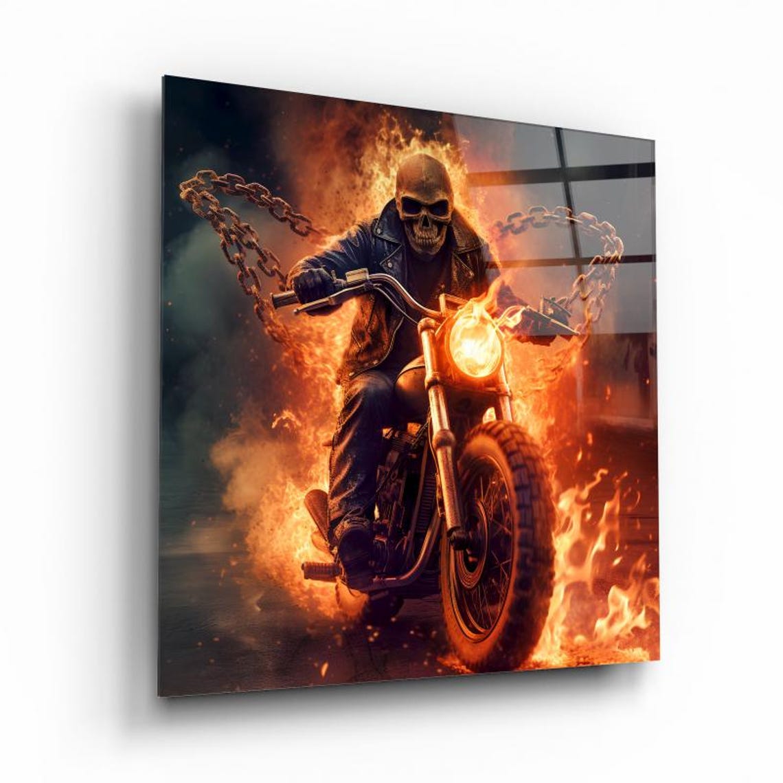 Flaming Skull Biker Riding a Motorcycle Through Roaring Fire Wall Art - Image 2