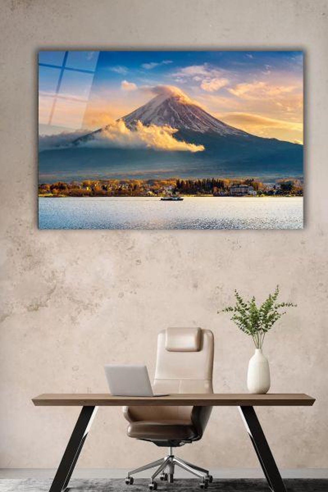 Mount Fuji Sunrise Over Lake With Pink Clouds And Boat Poster