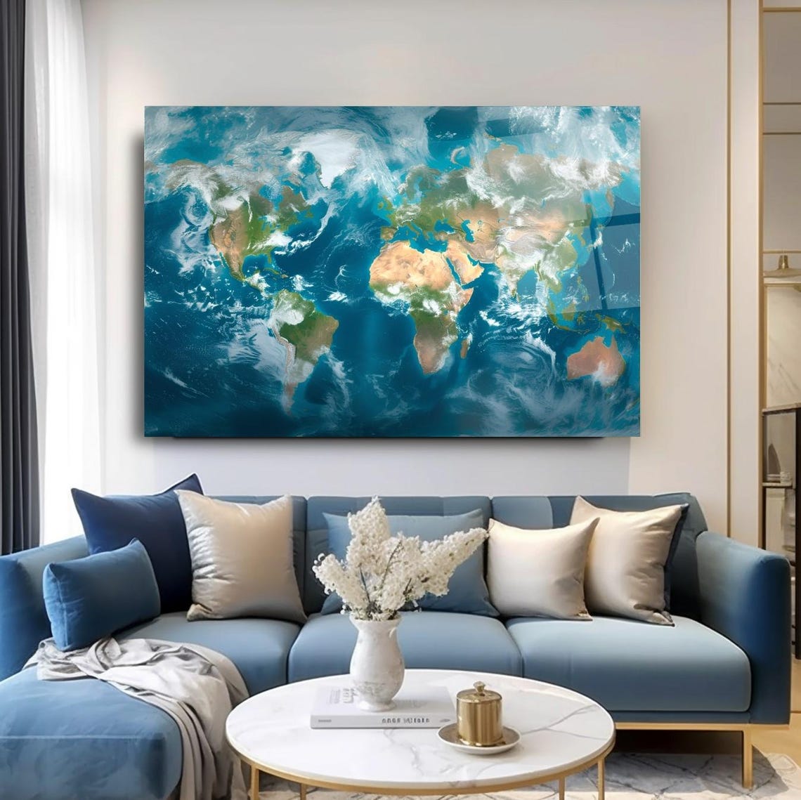World Map Satellite Earth Continents Blue Ocean Geography Art Poster