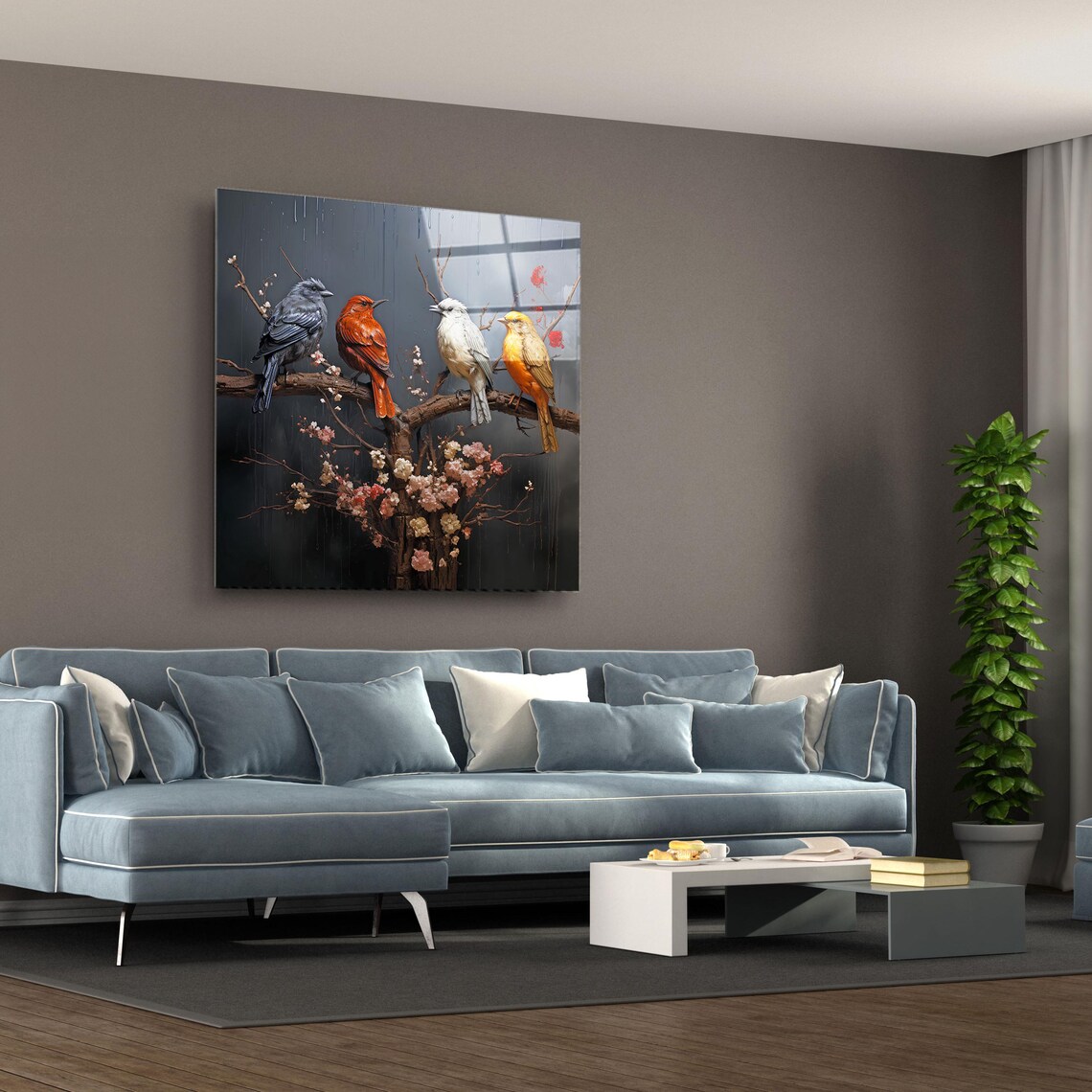 Four Colorful Birds On Blossom Branch Dark Modern Nature Poster - Image 3