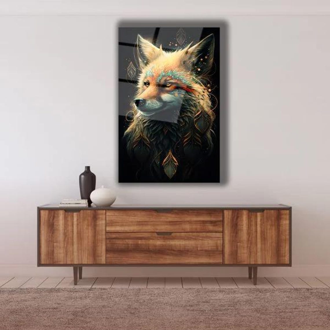 Mystical Fox Portrait Tempered Glass Art on a Dark Background Wall Art