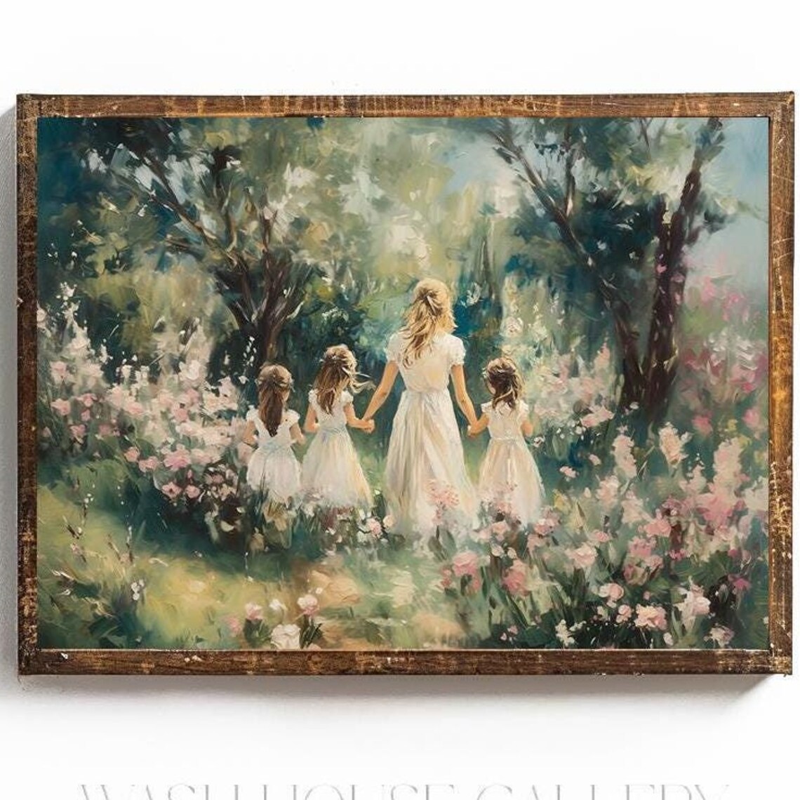 Mother Holding Hands with Three Young Daughters in Garden Poster