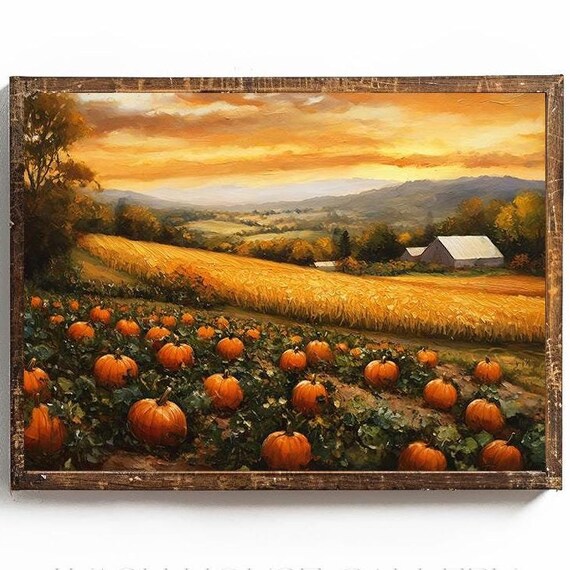 Pumpkin Patch at Sunset with Golden Wheat Field and Barn Poster