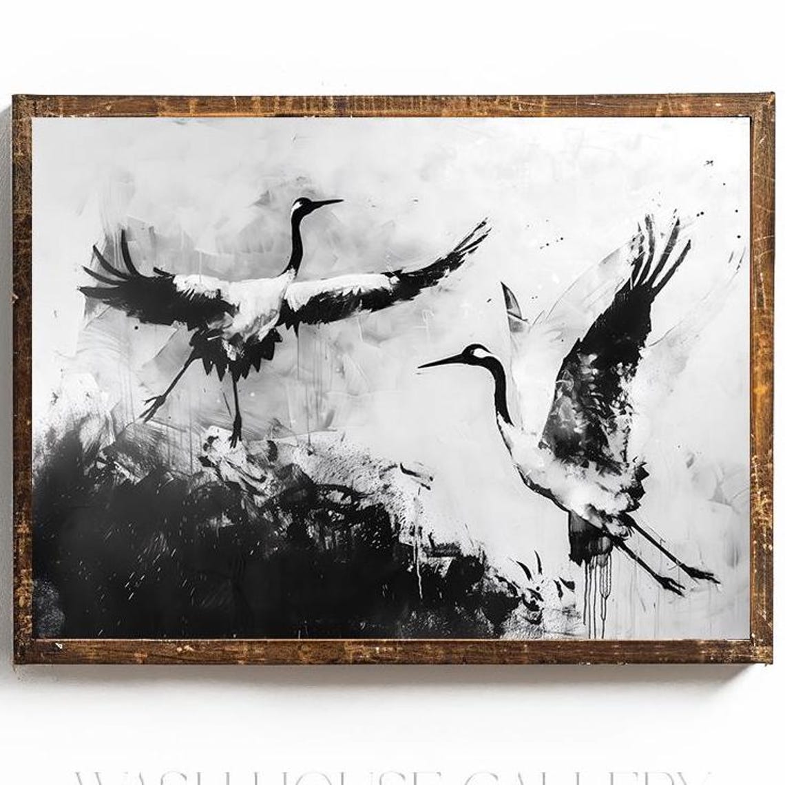 Two Cranes In Flight Black And White Ink Painting Art Poster