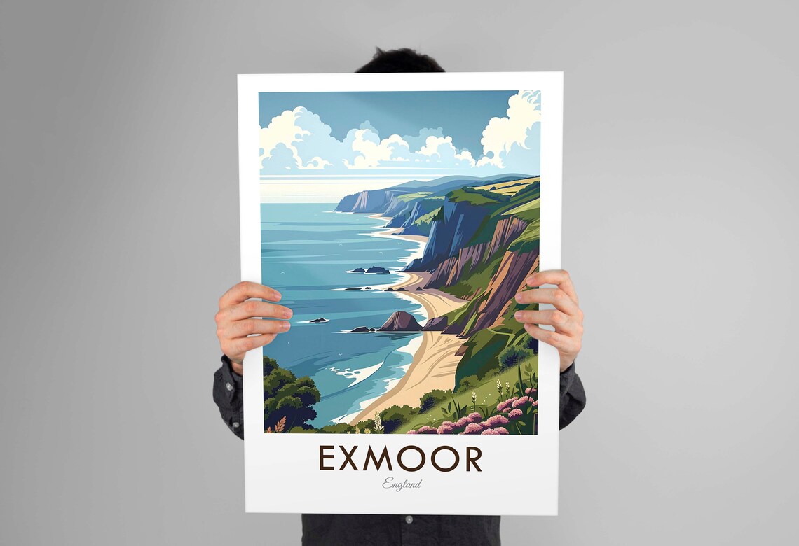 Exmoor England Coastal Cliffs Beach Illustration Travel Poster - Image 2