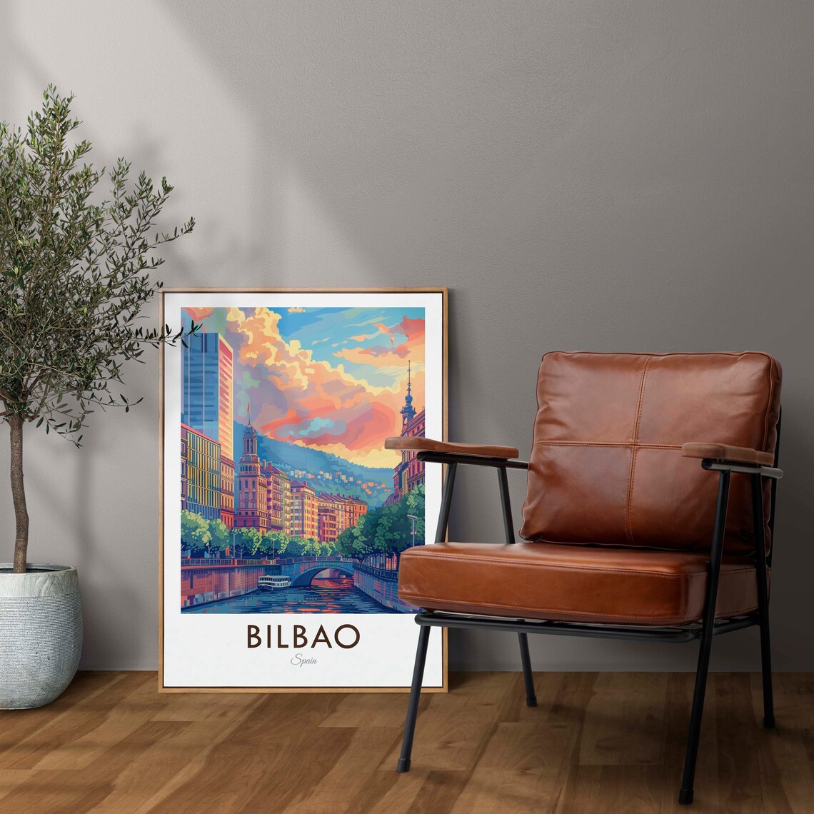 Bilbao Spain Riverside City Sunset Bridge Vintage Travel Poster - Image 2