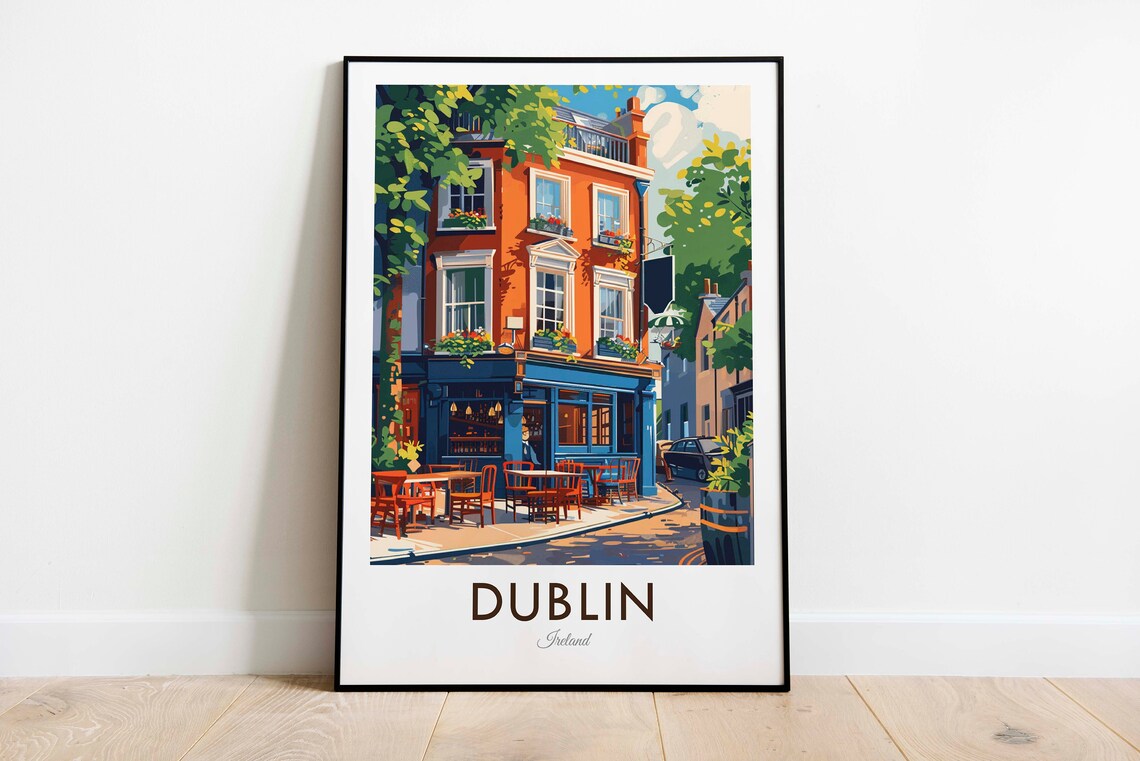 Dublin Ireland Historic Corner Pub Street Cafe Vintage Travel Poster