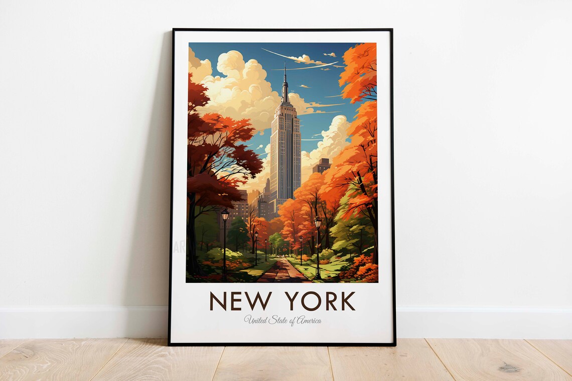 New York Empire State Building Autumn Trees Vintage Travel Poster