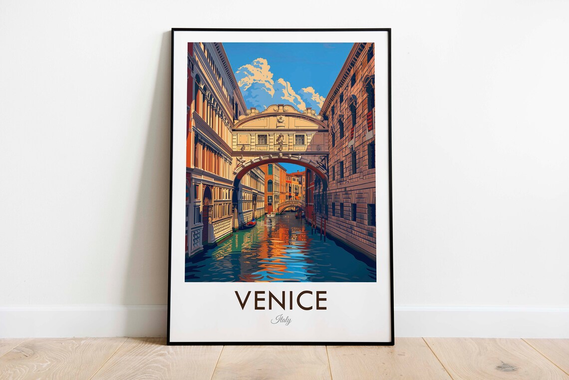 Venice Italy Vintage Bridge of Sighs Canal Waterway Travel Poster