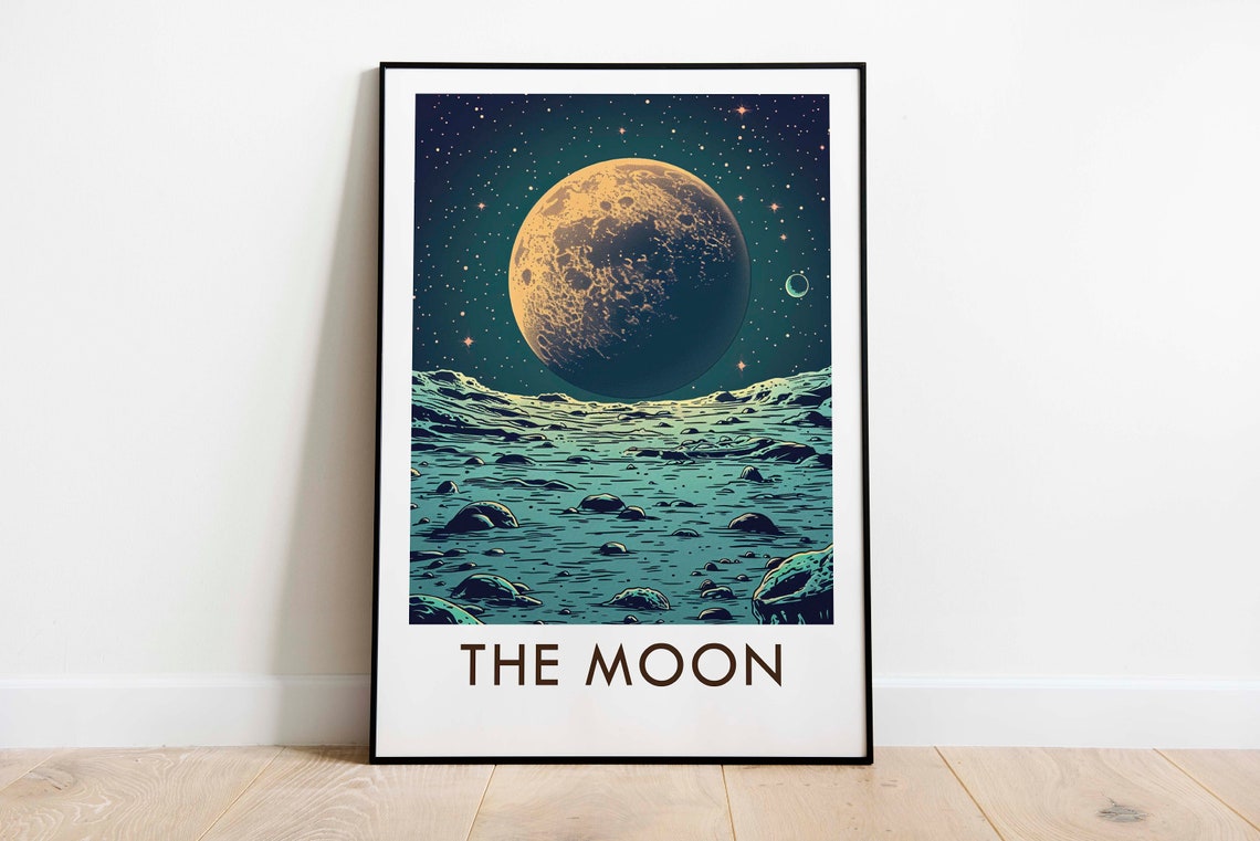The Moon Retro Solar System Cratered Surface Starry Sky Travel Poster
