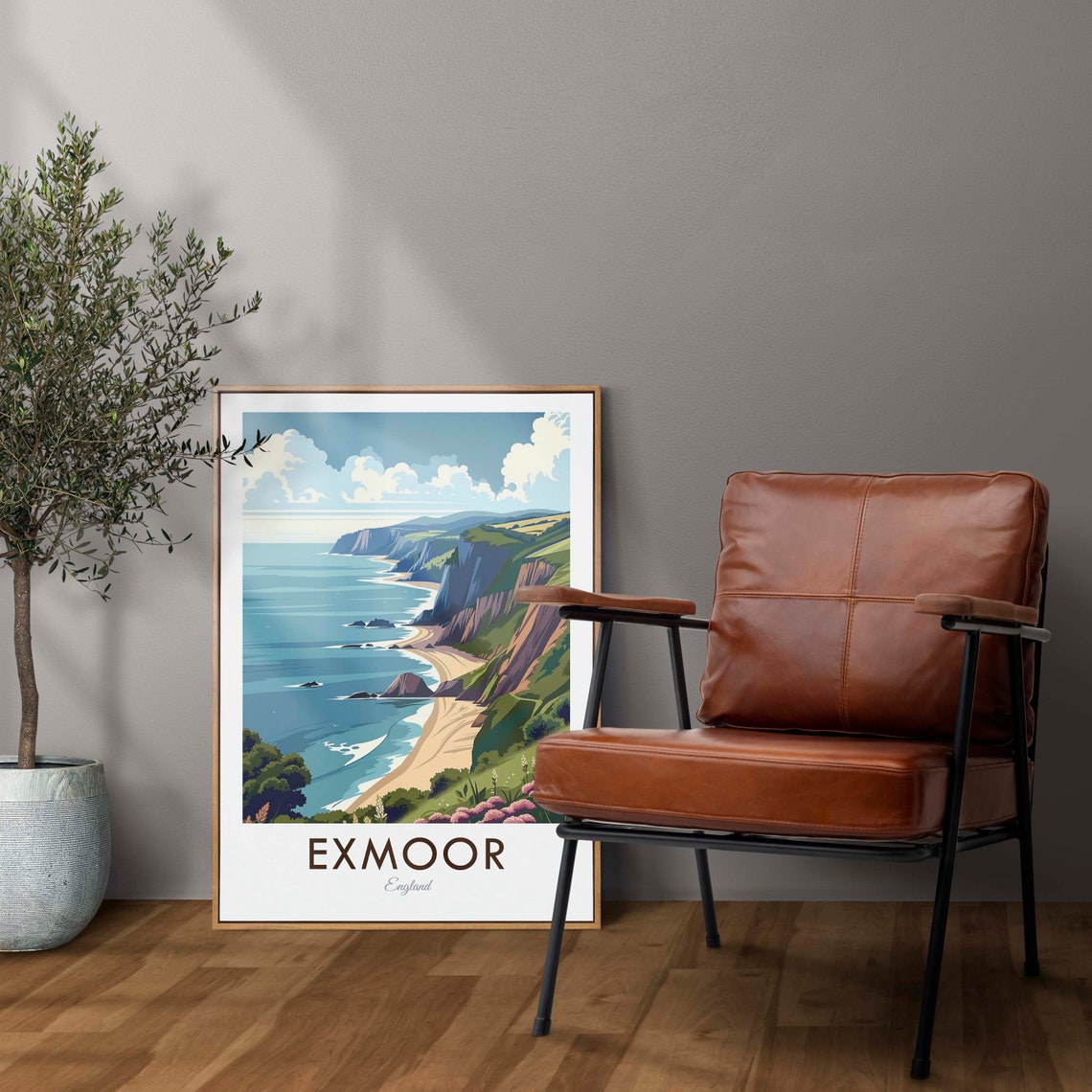 Exmoor England Coastal Cliffs Beach Illustration Travel Poster