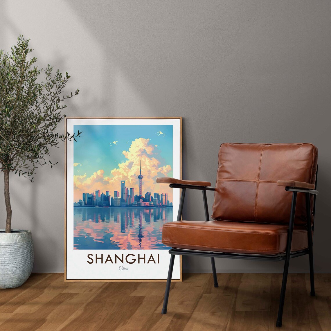 Shanghai China Pudong Skyline Oriental Pearl Tower River Poster