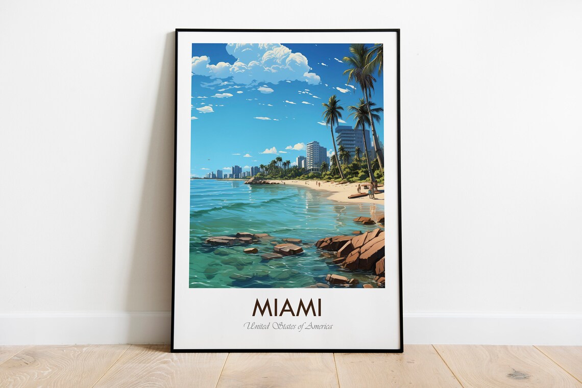 Miami Florida Rocky Beach Turquoise Water Vintage Travel Poster