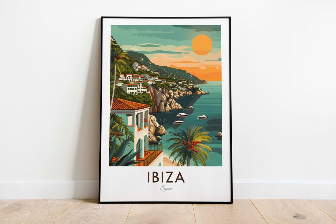 Ibiza Spain Coastal Cliffs Sunset Whitewashed Village Travel Poster