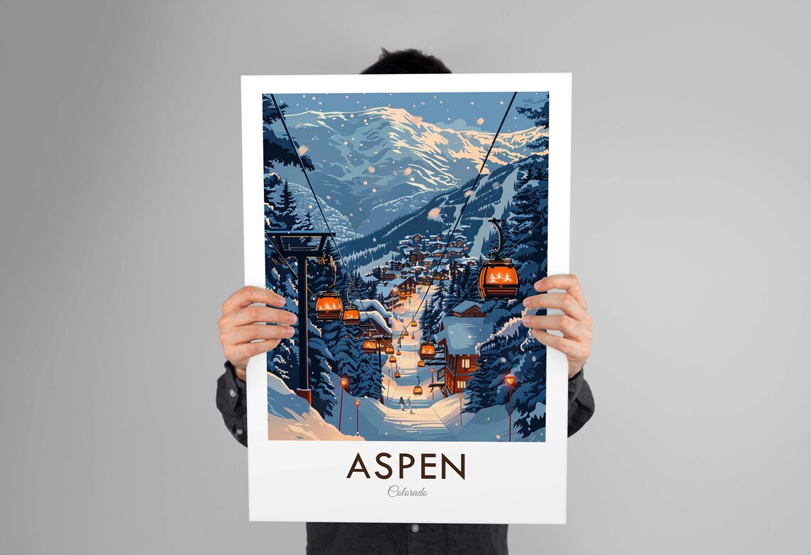 Aspen Colorado Gondola Lift Snowy Village Evening Lights Poster - Image 2