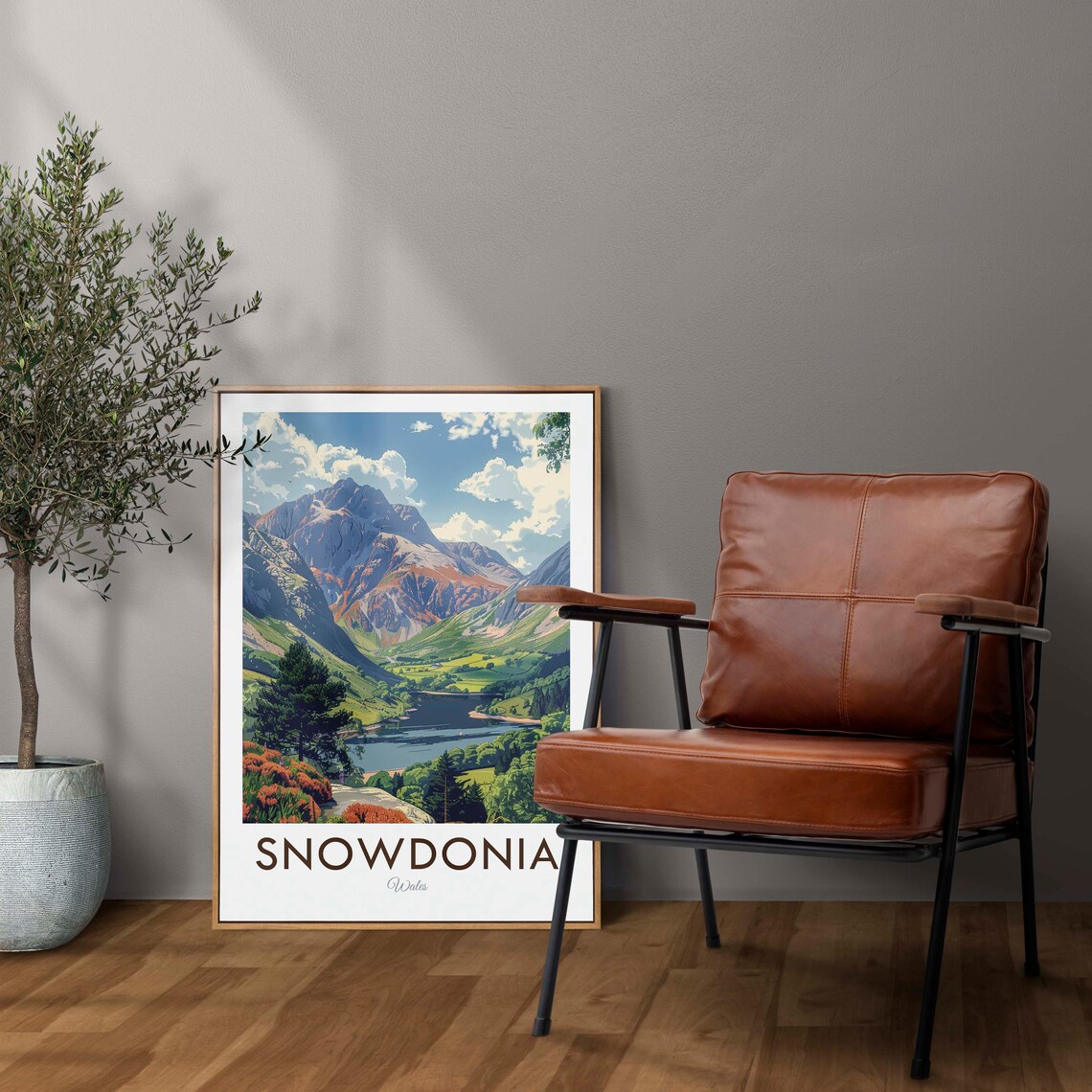 Snowdonia Wales Mountain Lake Valley Scenic Illustration Poster
