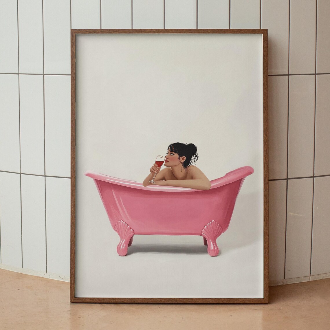 Woman In Pink Bathtub Red Wine Glass Cute Bathroom Illustration Poster