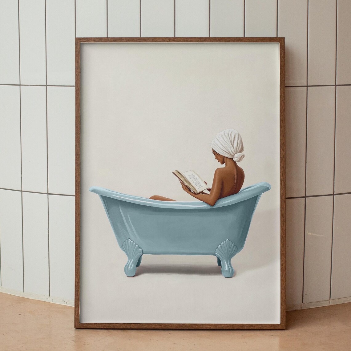 Woman Reading in Blue Bathtub Funny Book Lover Decor Wall Poster