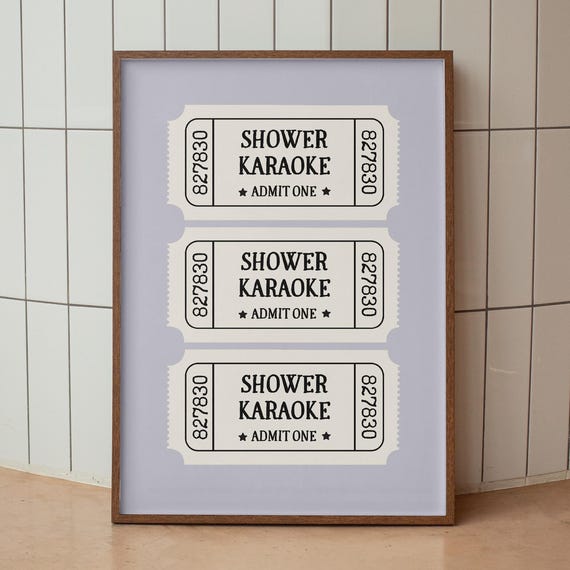 Shower Karaoke Ticket Print Bathroom Retro Pink Purple Singing Funny Wall Art Vintage Trendy Home Decor
