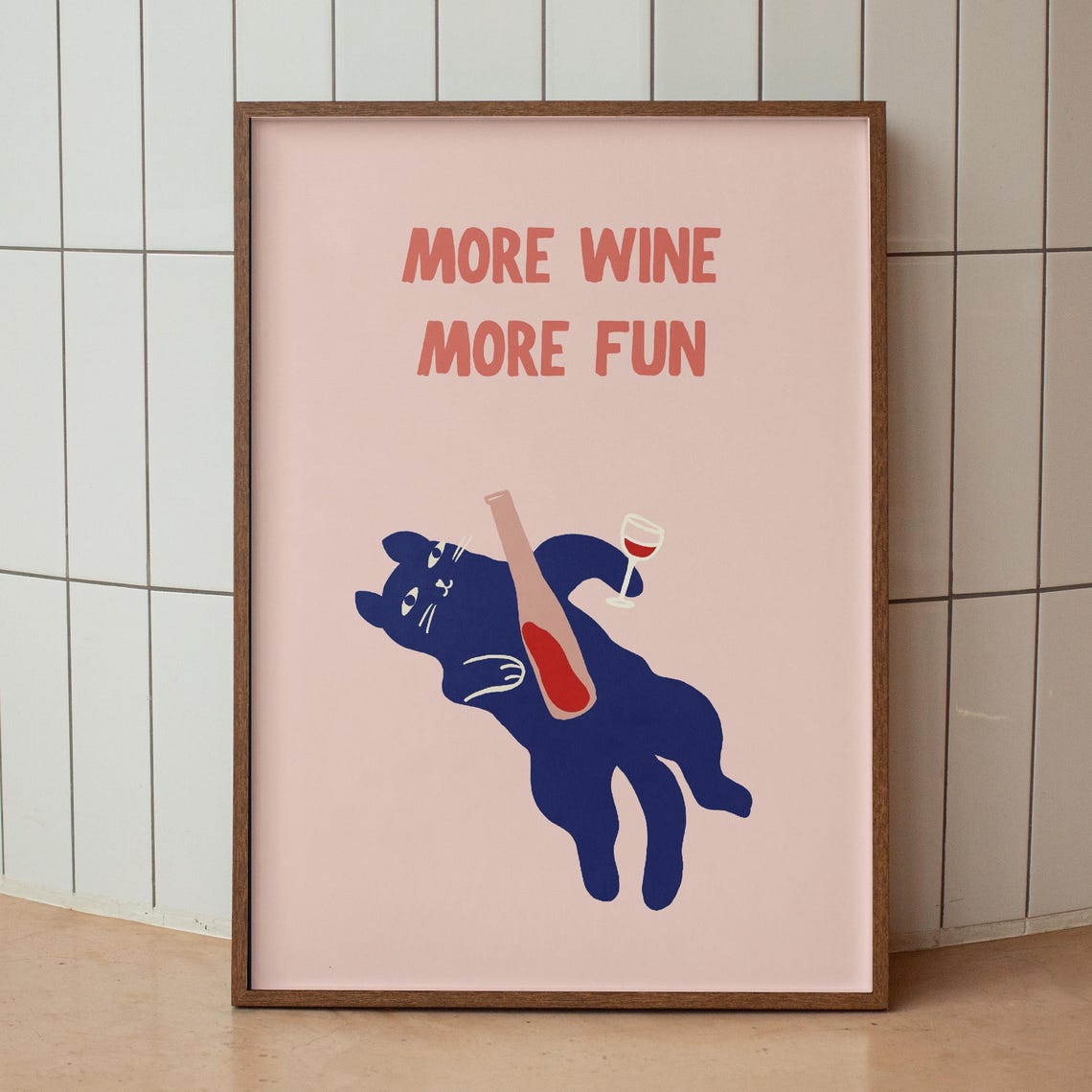 More Wine More Fun Pink Quote Blue Cat Wine Lover Funny Poster