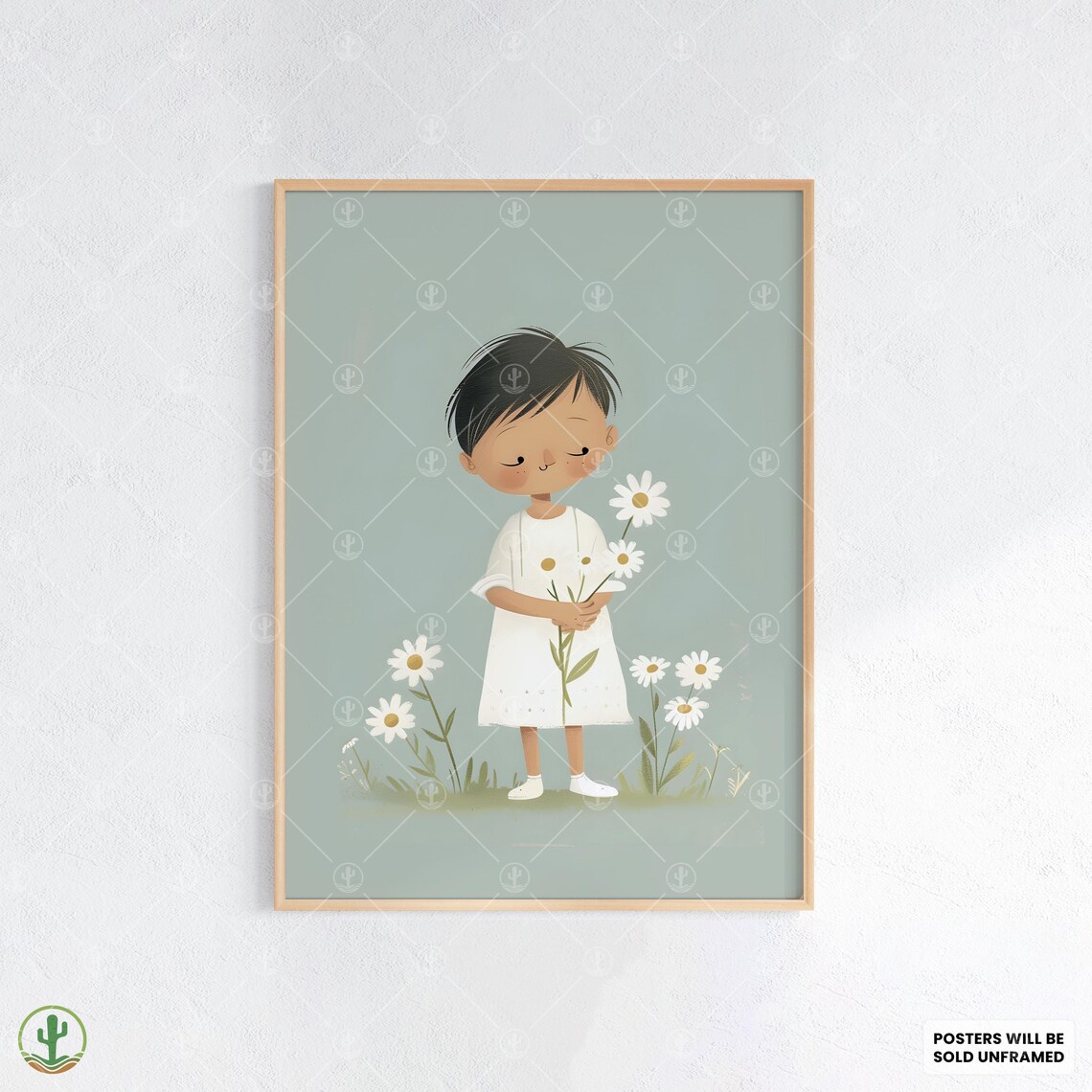 Little Girl Holding Daisies Sweet Floral Nursery Kids Room Poster
