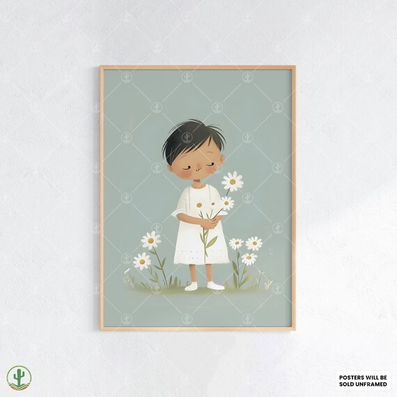 Little Girl Holding Daisies Sweet Floral Nursery Kids Room Poster