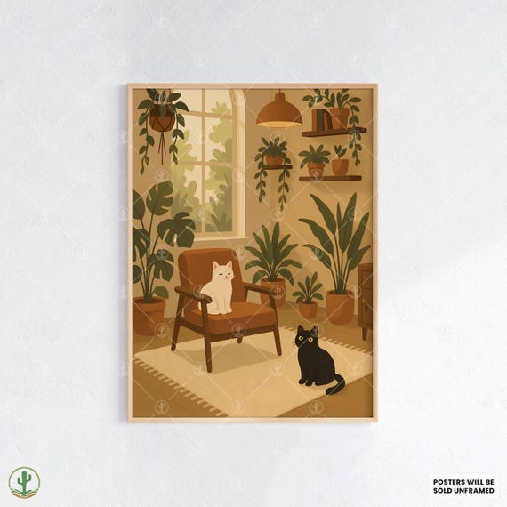 Cozy Cat Illustration Print Whimsical Boho Living Room Wall Art With Houseplants Black White Cats Poster Decor