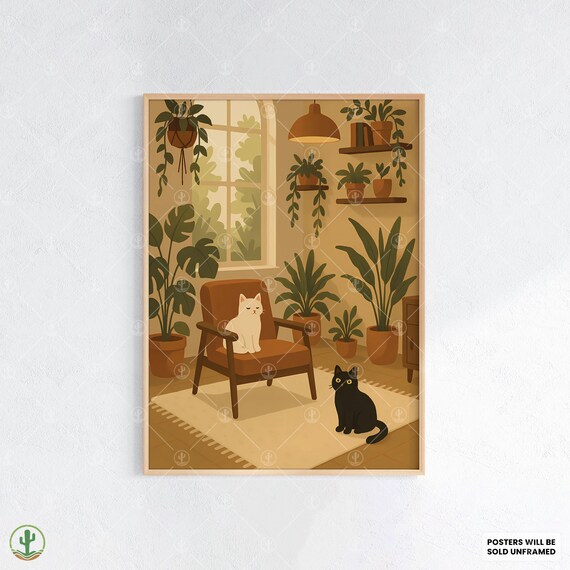 Cozy Cats in Sunlit Living Room Whimsical Illustrated Cat Art Poster