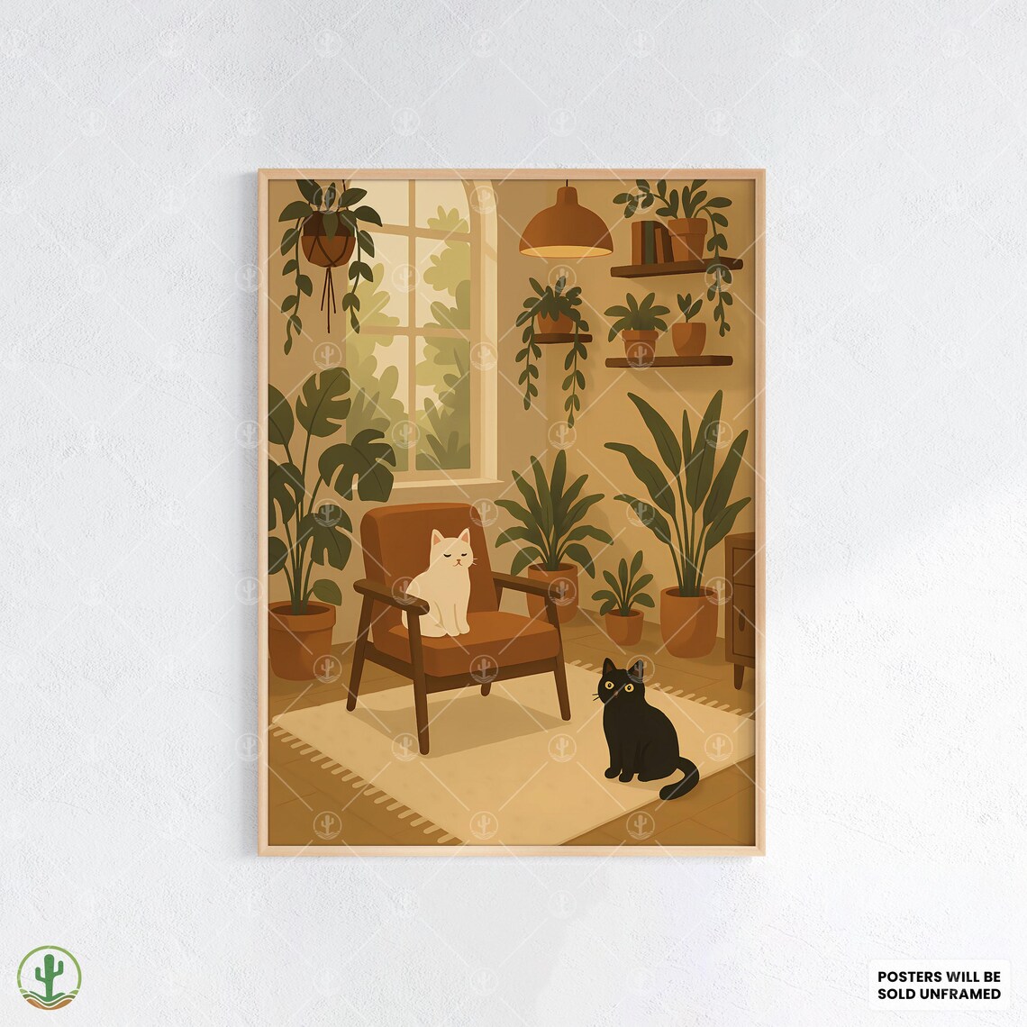 Cozy Cats in Sunlit Living Room Whimsical Illustrated Cat Art Poster