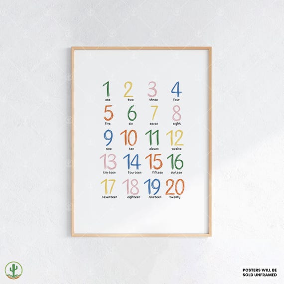 Numbers 1 To 20 Poster Nursery Wall Art Print Cute Baby Room Decor Animal Kids