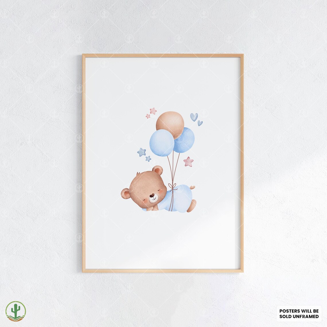Sleeping Baby Bear Pastel Balloons Stars Watercolor Nursery Poster