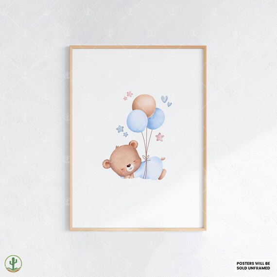 Sleeping Baby Bear Pastel Balloons Stars Watercolor Nursery Poster