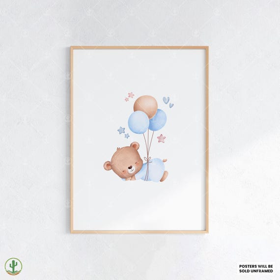 Sleeping Bear With Balloons Nursery Wall Art Print Cute Baby Room Decor Animal Kids Poster