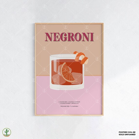 Negroni Orange Peel Bitter Red Cocktail Illustration Recipe Poster