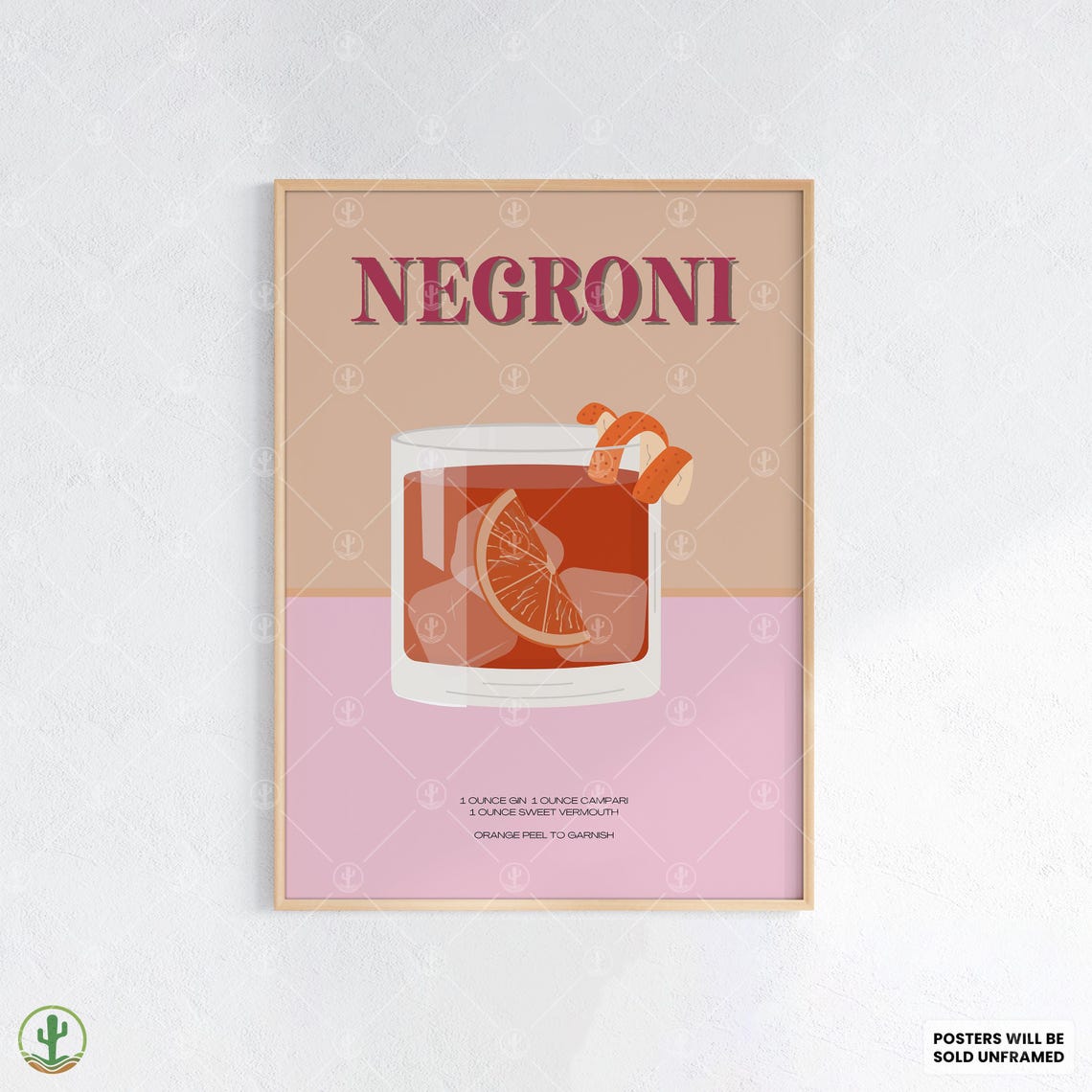 Negroni Orange Peel Bitter Red Cocktail Illustration Recipe Poster
