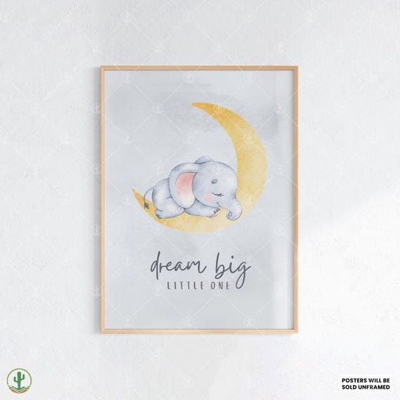 Elephant On Moon Poster Nursery Wall Art Print Cute Baby Room Decor Animal Kids