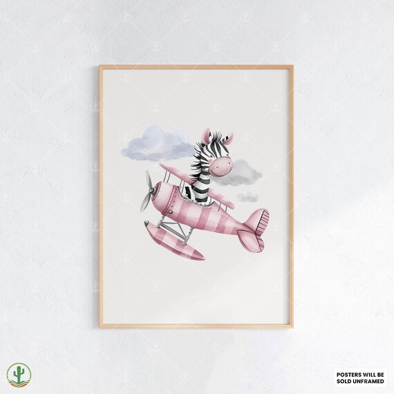 Baby Zebra Riding Pink Biplane Clouds Watercolor Nursery Poster