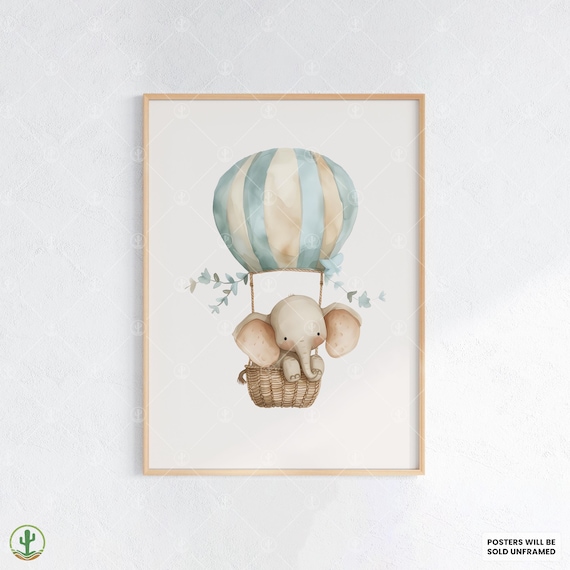 Baby Elephant Hot Air Balloon Nursery Watercolor Animal Art Print