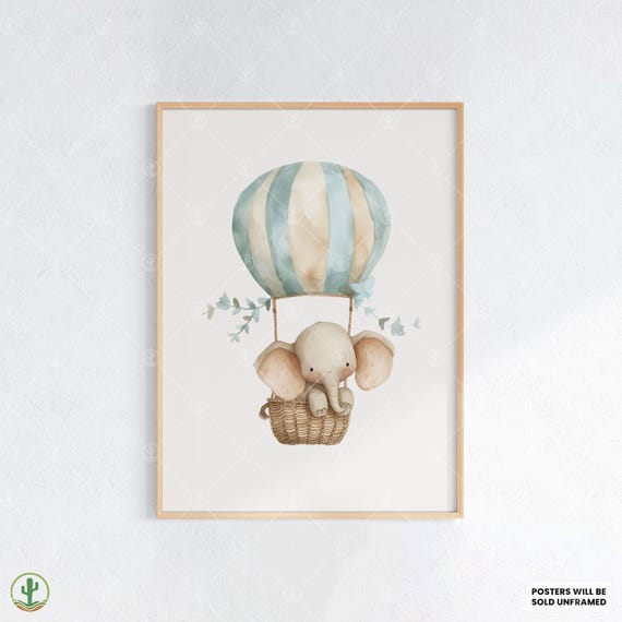 Elephant In Hot Air Balloon Nursery Wall Art Print Cute Baby Room Decor Animal Kids Poster
