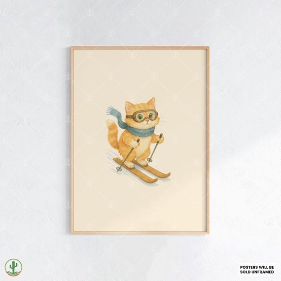 Downhill Skiing Cat Watercolor Wall Art Playful Orange Tabby Kitten Racing On Skis Poster Print For Winter Sports And Cozy Decor