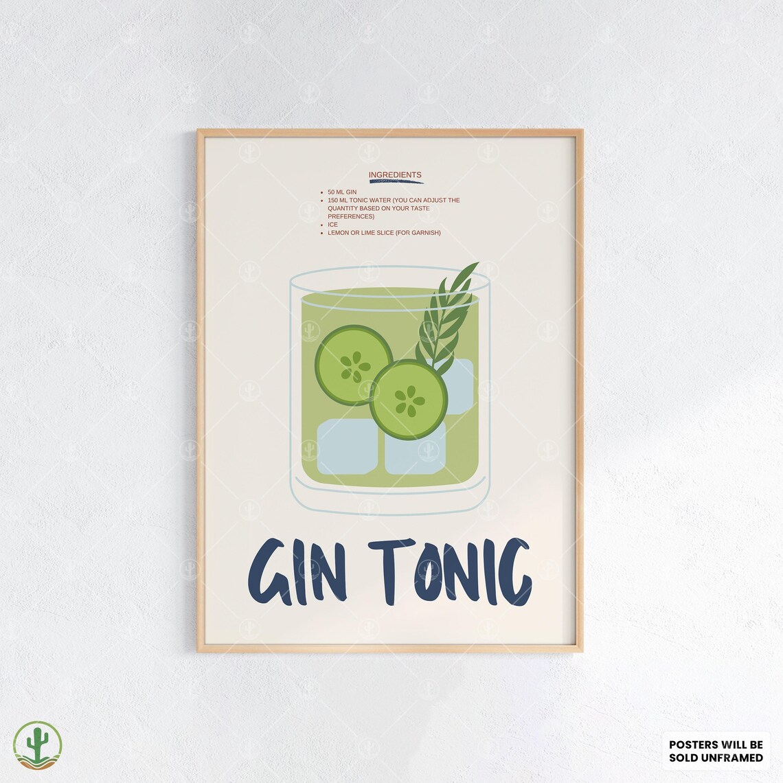 Gin and Tonic Cocktail Recipe Cucumber Garnish Illustrated Drink Poster