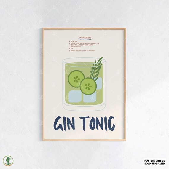 Gin and Tonic Cocktail Recipe Cucumber Garnish Illustrated Drink Poster