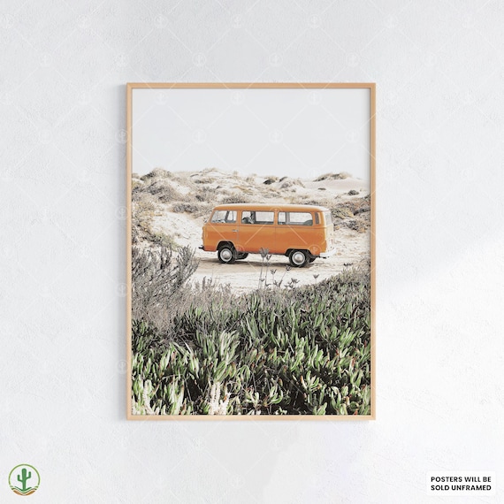 Orange Vintage Van Beach Dunes Retro Road Trip Coastal Photo Poster
