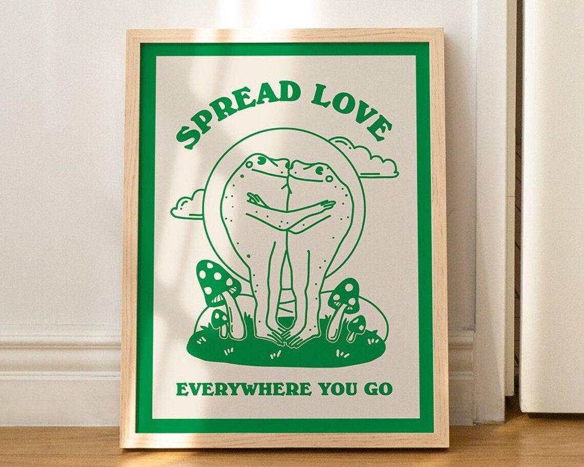 Spread Love Everywhere You Go Hugging Frogs Green Retro Wall Art