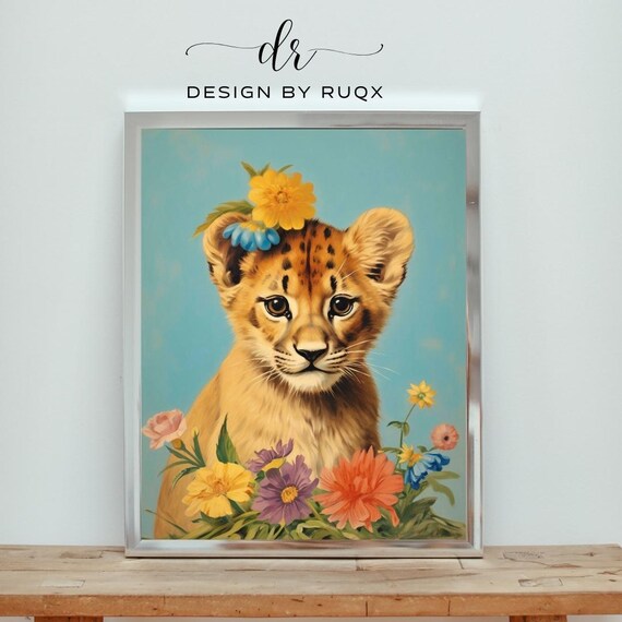 Sweet Baby Cheetah Cub With Flower Crown Nursery Animal Wall Art