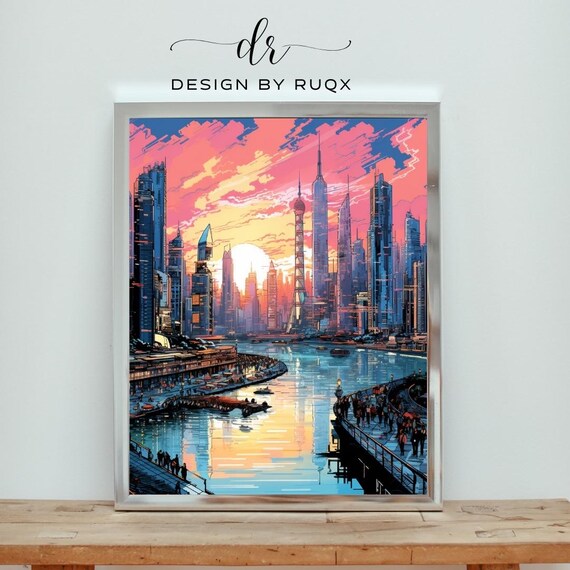 Futuristic City Sunset River Skyscraper Skyline Decor Poster